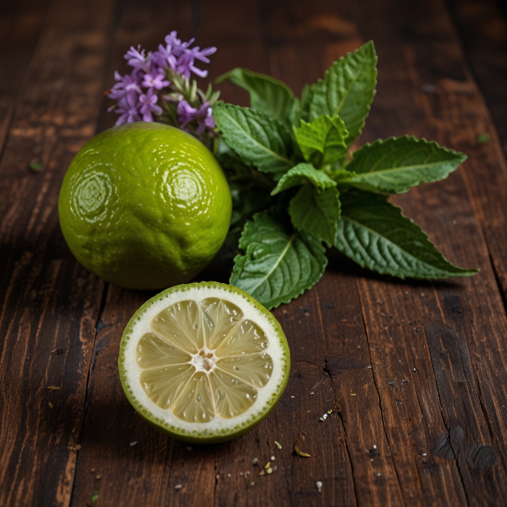 Leonardo_Lightning_cut_bergamot_lies_on_a_wooden_table_verbena_2 Отдушка Бергамот и вербена